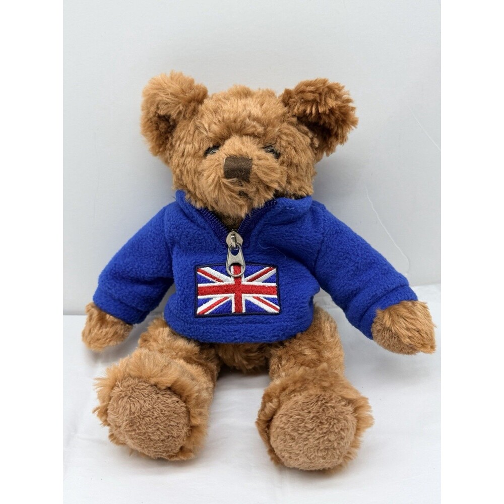 Russ Berrie ARCHIE UK Teddy Bear w/ Blue 1/4 Zip Pullover w Union Jack Plush Toy